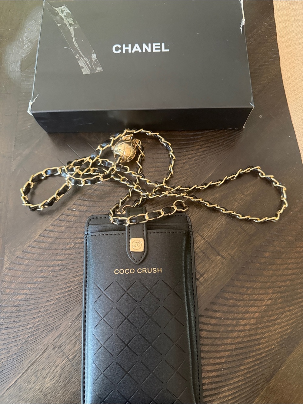 CHANEL Black Coco Crush Quilted Leather Phone Pouch with Gold Chain